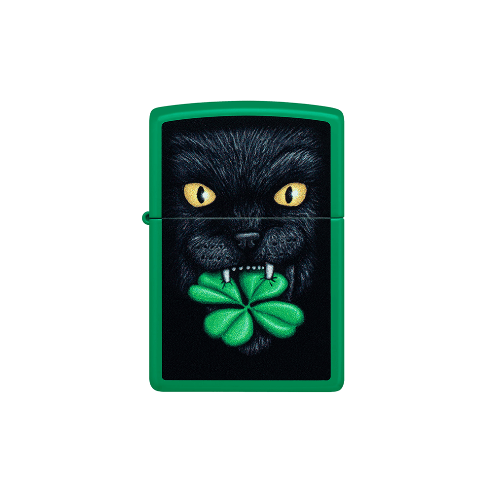 ONE Animal · Plant Zippo Feline Lucky Cat Clover Design Zippo Grass Green Matte Lighter - Lucky Cat Design