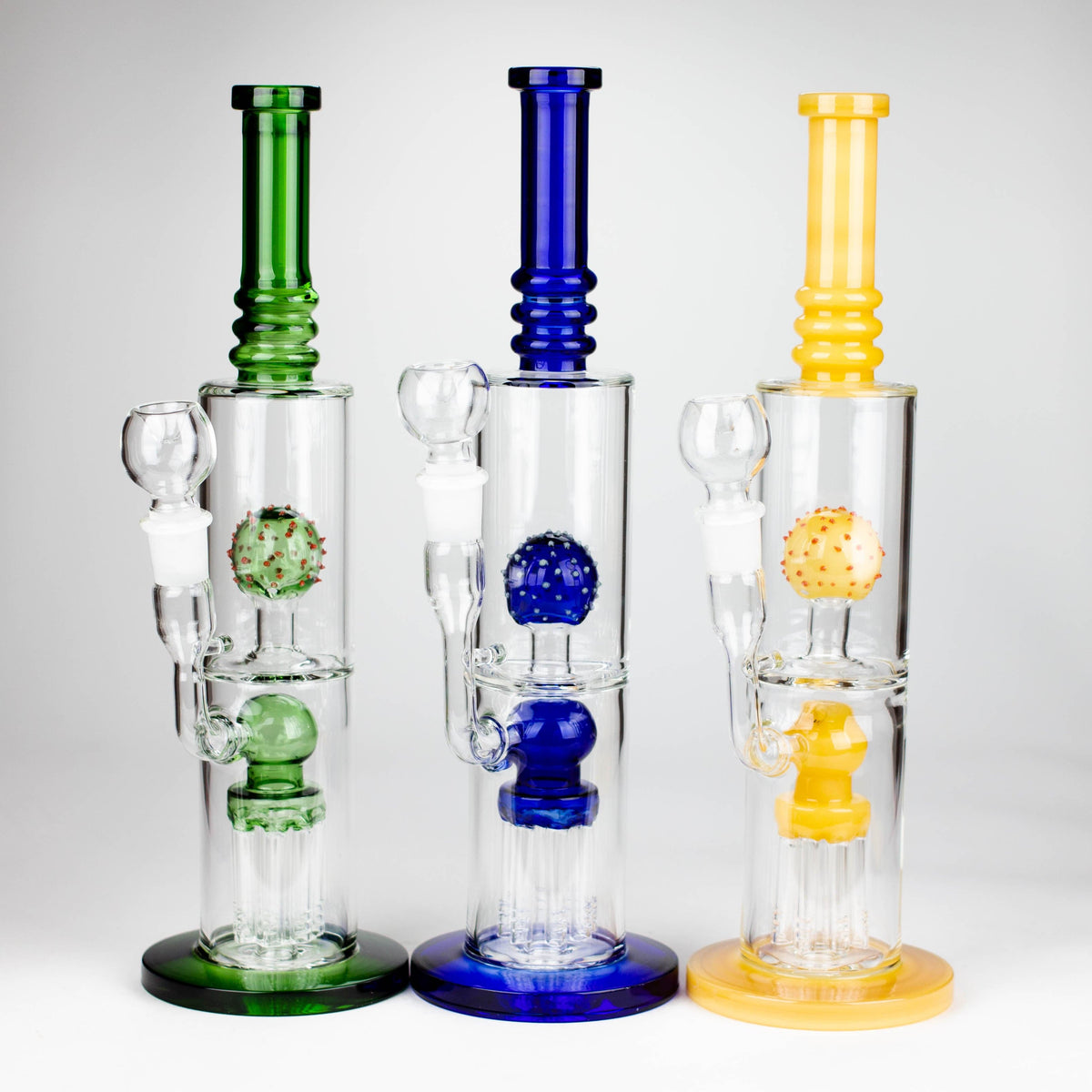 Bongzie Smokes Glass Bong 14" Color accented percolator glass bong with ball & Arm diffuser 14" Color accented percolator glass bong with ball & Arm diffuser
