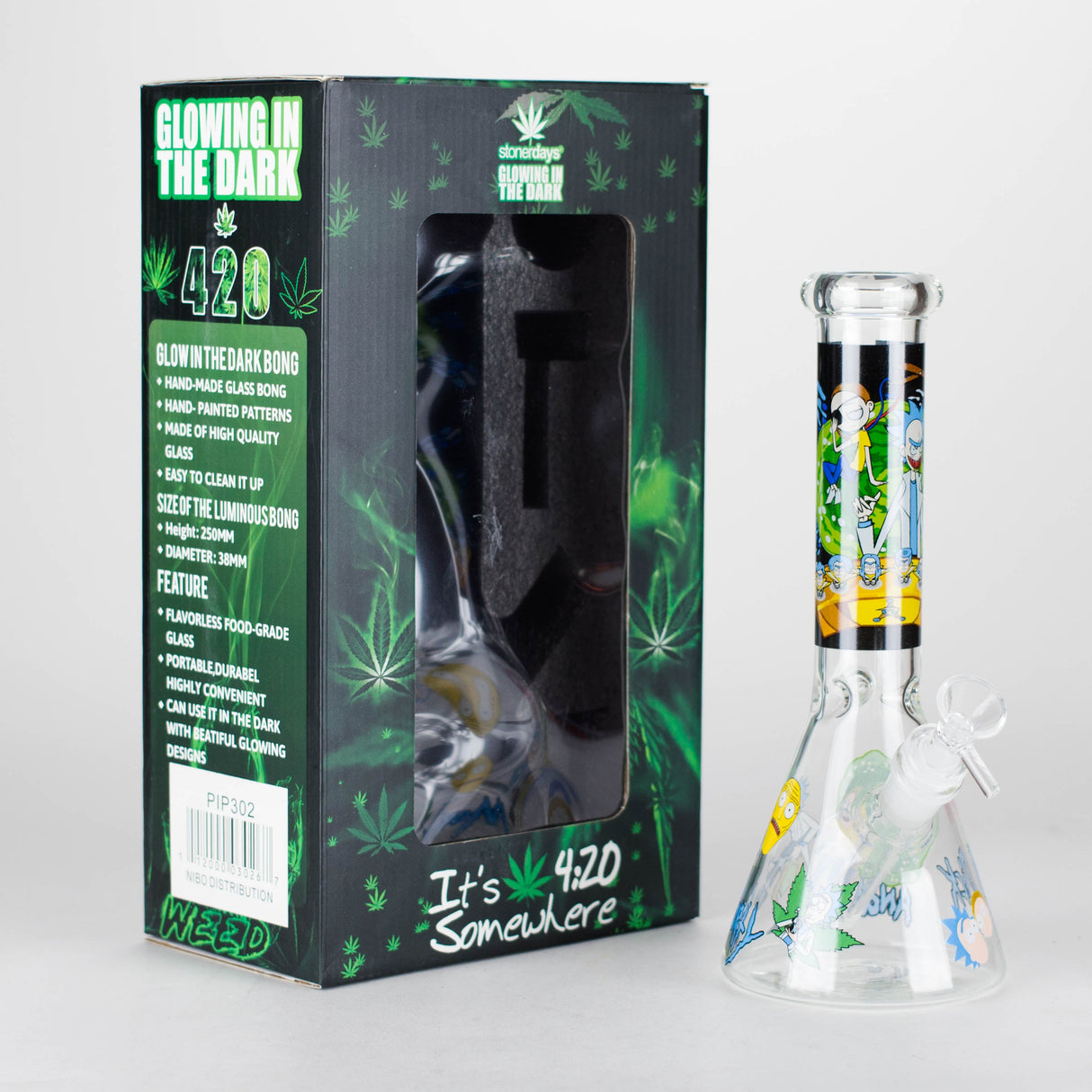 Bong en verre cartoon phosphorescent de 25 cm