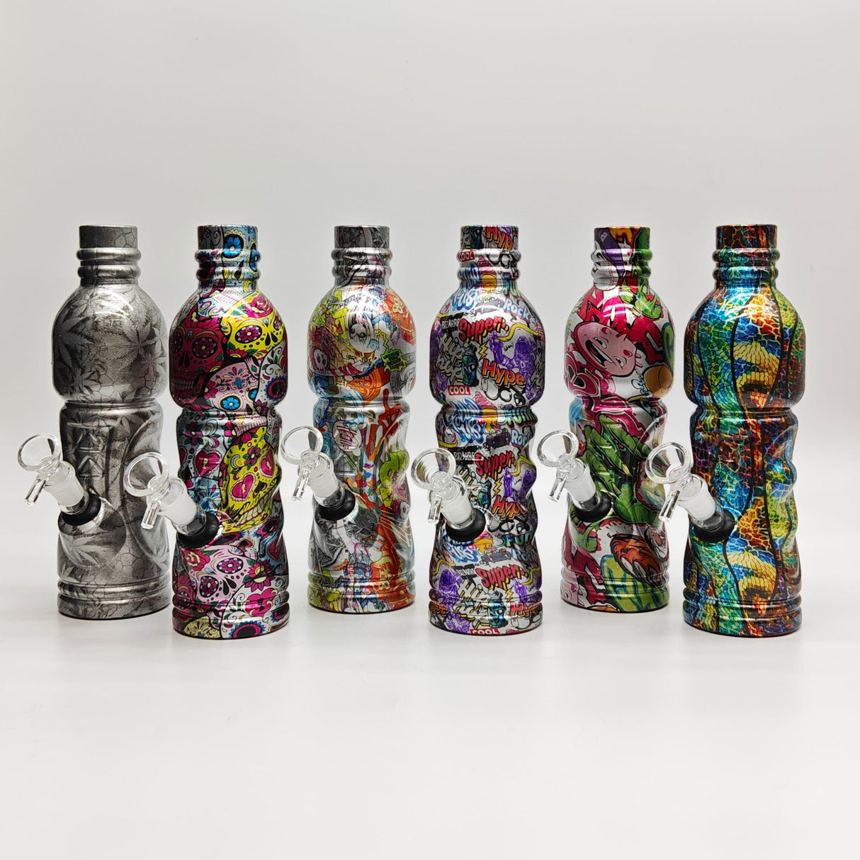 Super Supplys Inc Glass Bong 9" Hydrographic Water Bottle Glass Bong-Assorted Designs 9" Hydrographic Water Bottle Glass Bong-Assorted Designs