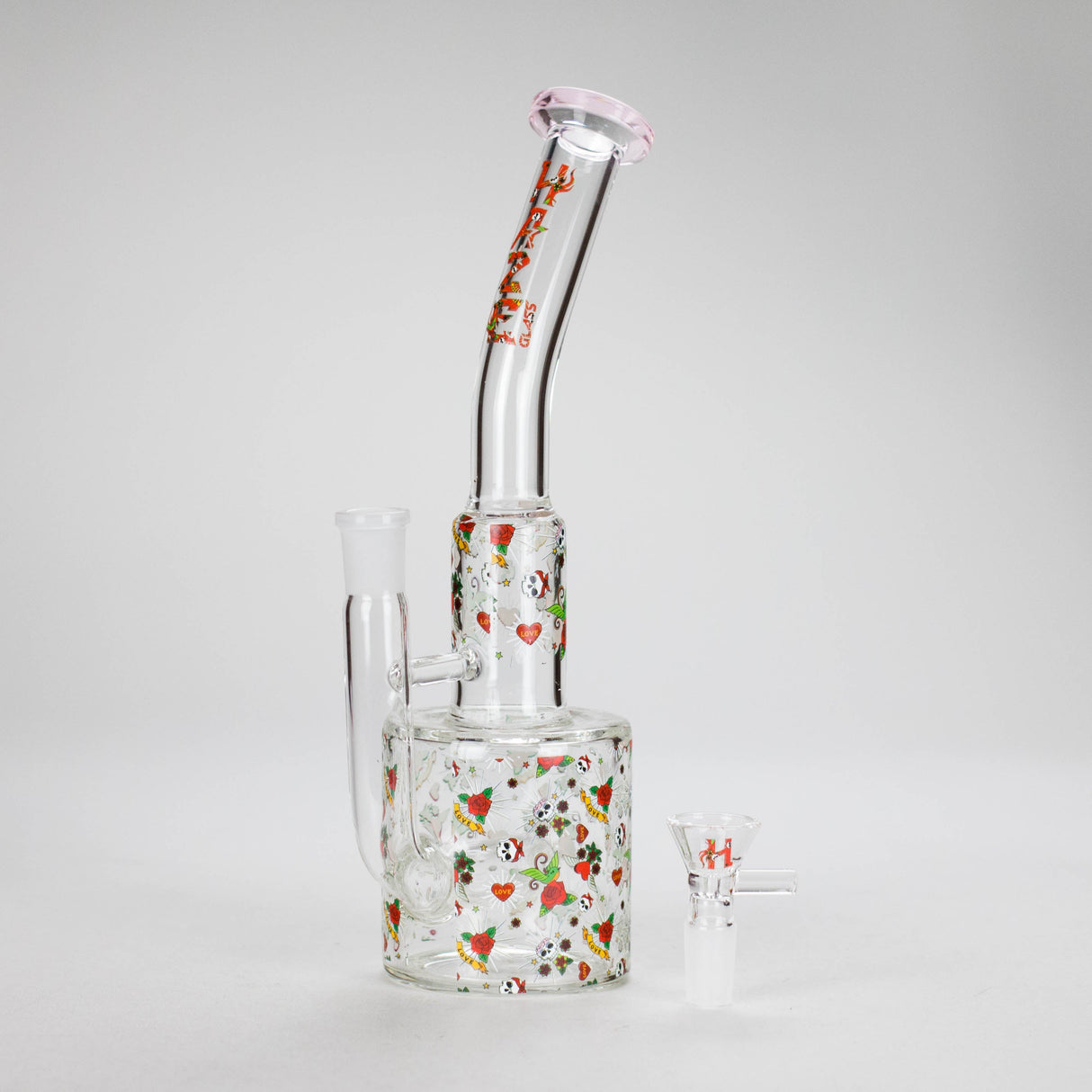 Haze | 10″ Skull & Red Roses Glass Bong – Pink (Mini-S)