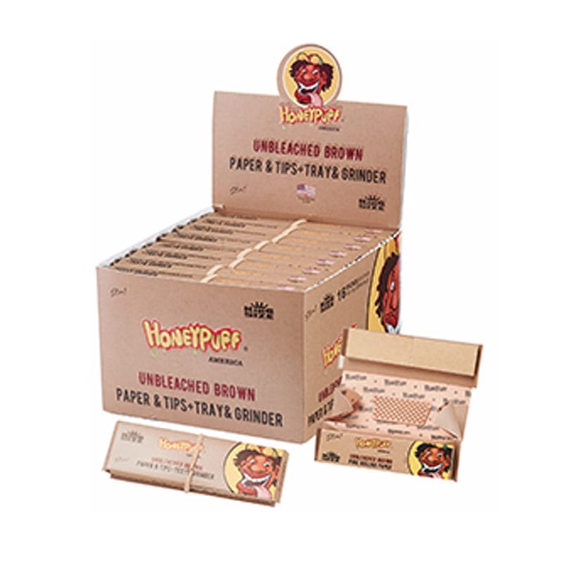 Canadian Distributor King Size Honey Puff Unbleached Brown King Size Rolling Kit - 16 Pack Display Honey Puff Unbleached Rolling Kit with Tray & Grinder