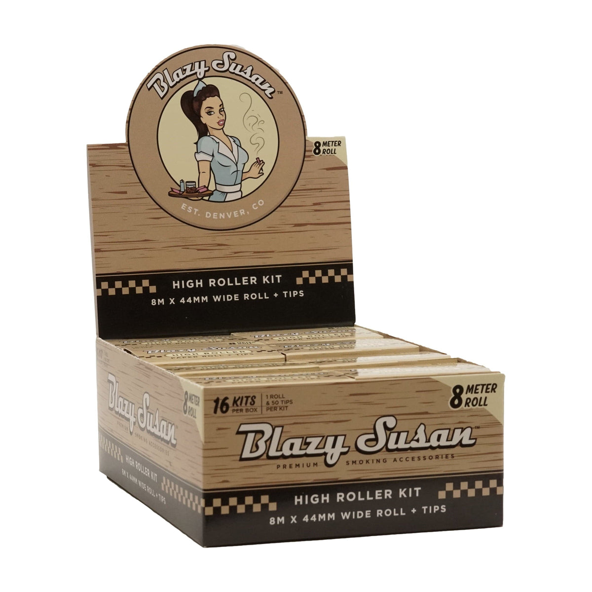 Smoking Cat Distribution 1 - 1/4" Size Blazy Susan 8m Rolling Paper Roll with Tips - 16 Pack Blazy Susan High Roller Kit - 8m Roll + Tips