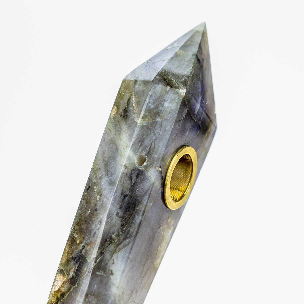 Acid Secs - Natural Labradorite FLASH Smoking Pipe with choke hole