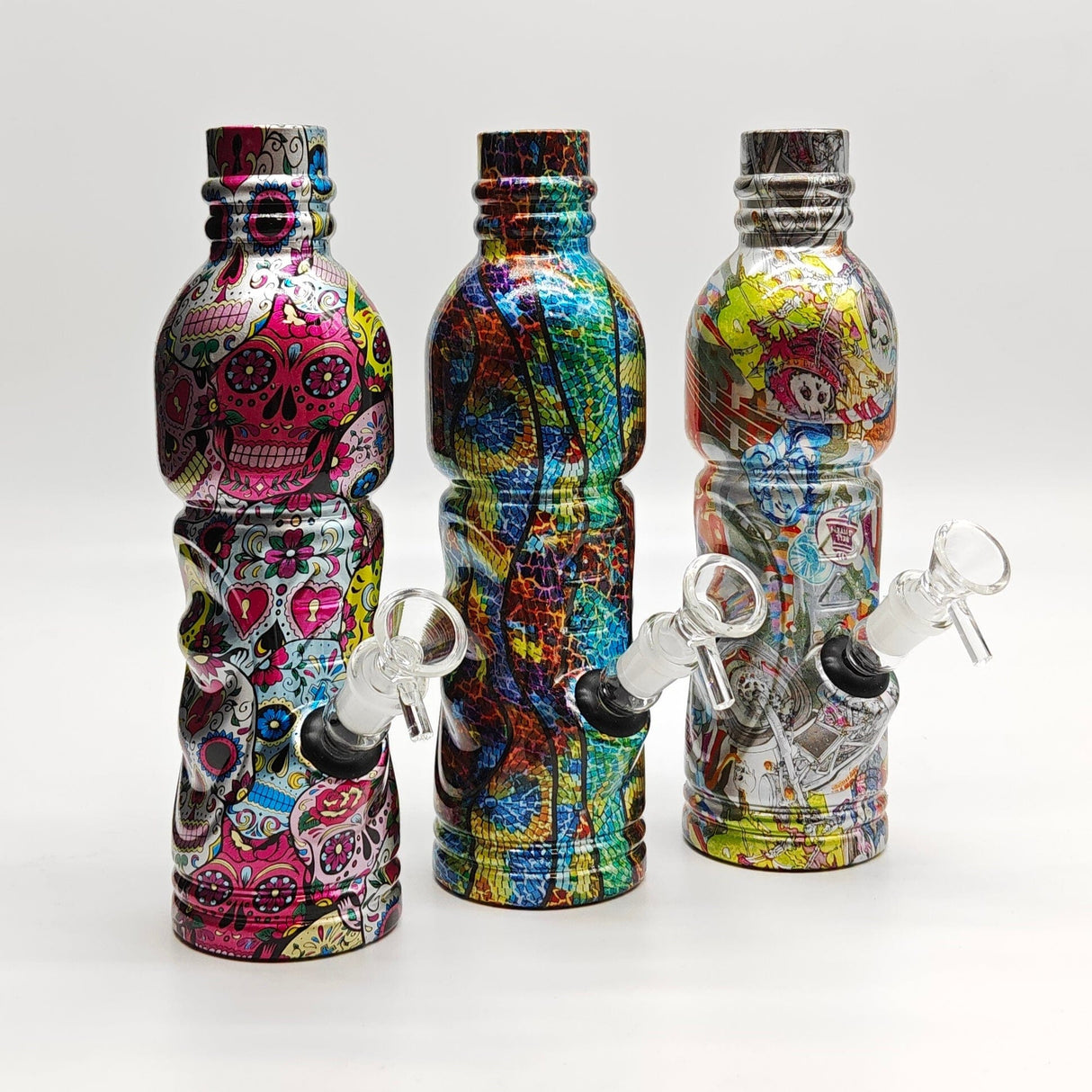 Super Supplys Inc Glass Bong 9" Hydrographic Water Bottle Glass Bong-Assorted Designs 9" Hydrographic Water Bottle Glass Bong-Assorted Designs