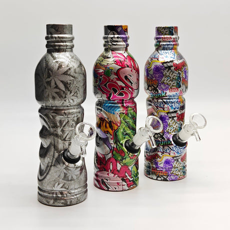 Super Supplys Inc Glass Bong 9" Hydrographic Water Bottle Glass Bong-Assorted Designs 9" Hydrographic Water Bottle Glass Bong-Assorted Designs