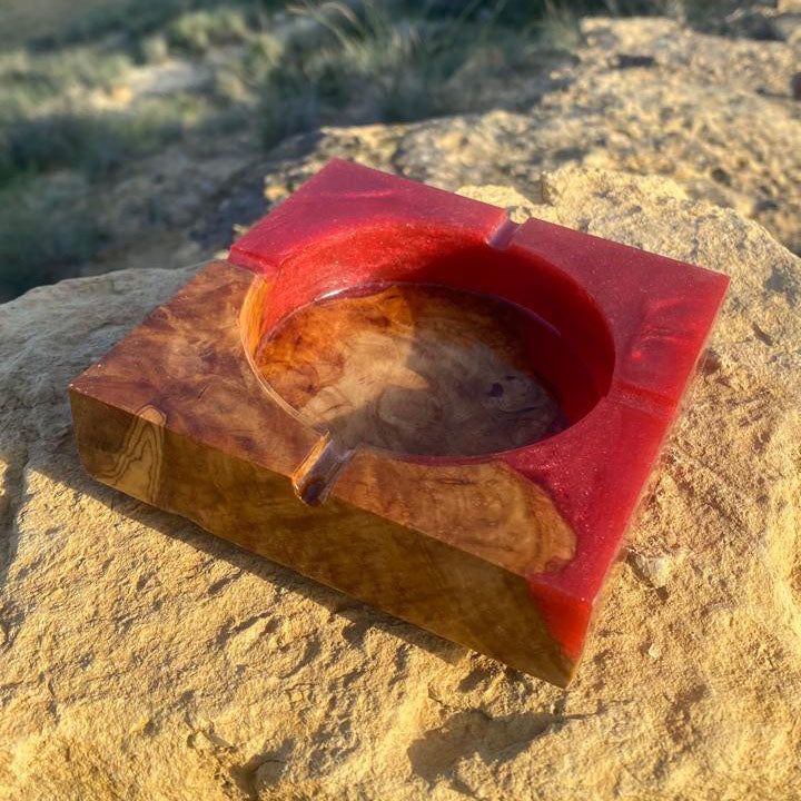 Olive Wood Orange Epoxy Ash Tray – Handcrafted Tunisian Ashtray, Resin & Olive Wood Collector’s Piece