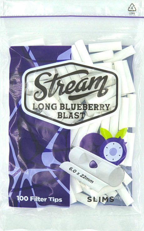 STREAM Filter Tip STREAM | Slims Long Blueberry Blast RYO Filters Display Carton - 10 Bags (Blueberry Capsule Type) STREAM | Slims Long Blueberry Blast RYO Filters Display Carton - 10 Bags (Blueberry Capsule Type)