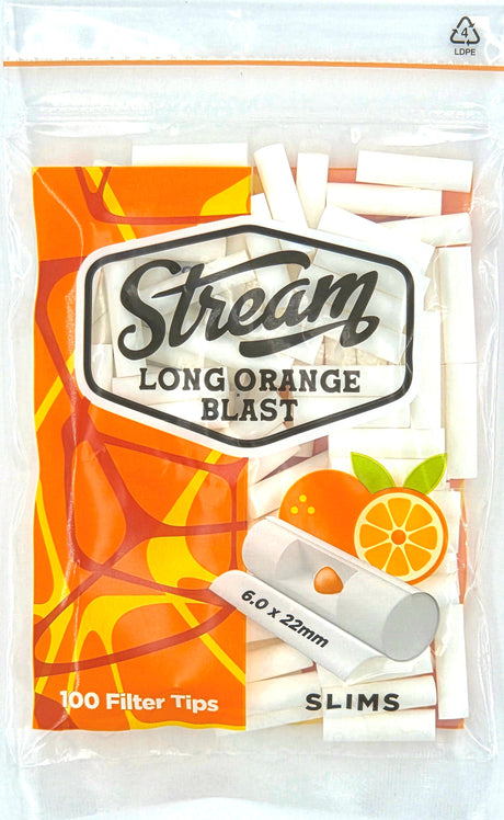 STREAM Filter Tip STREAM | Slims Long Orange Blast RYO Filters Display Carton - 10 Bags (Orange Capsule Type) STREAM | Slims Long Orange Blast RYO Filters Display Carton - 10 Bags (Orange Capsule Type)