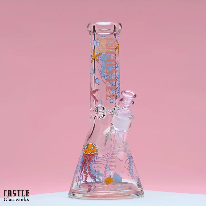 Castle Glassworks Jelly Fish 12" 9 mm Glass Bong with Ocean Decal