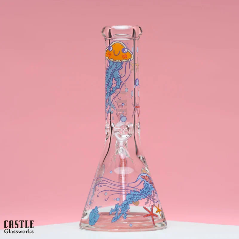 Castle Glassworks Jelly Fish 12" 9 mm Glass Bong with Ocean Decal