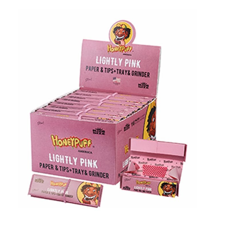 Canadian Distributor King Size Honey Puff Lightly Pink King Size Rolling Kit - 16 Pack Display Honey Puff Lightly Pink Kit with Tray & Grinder